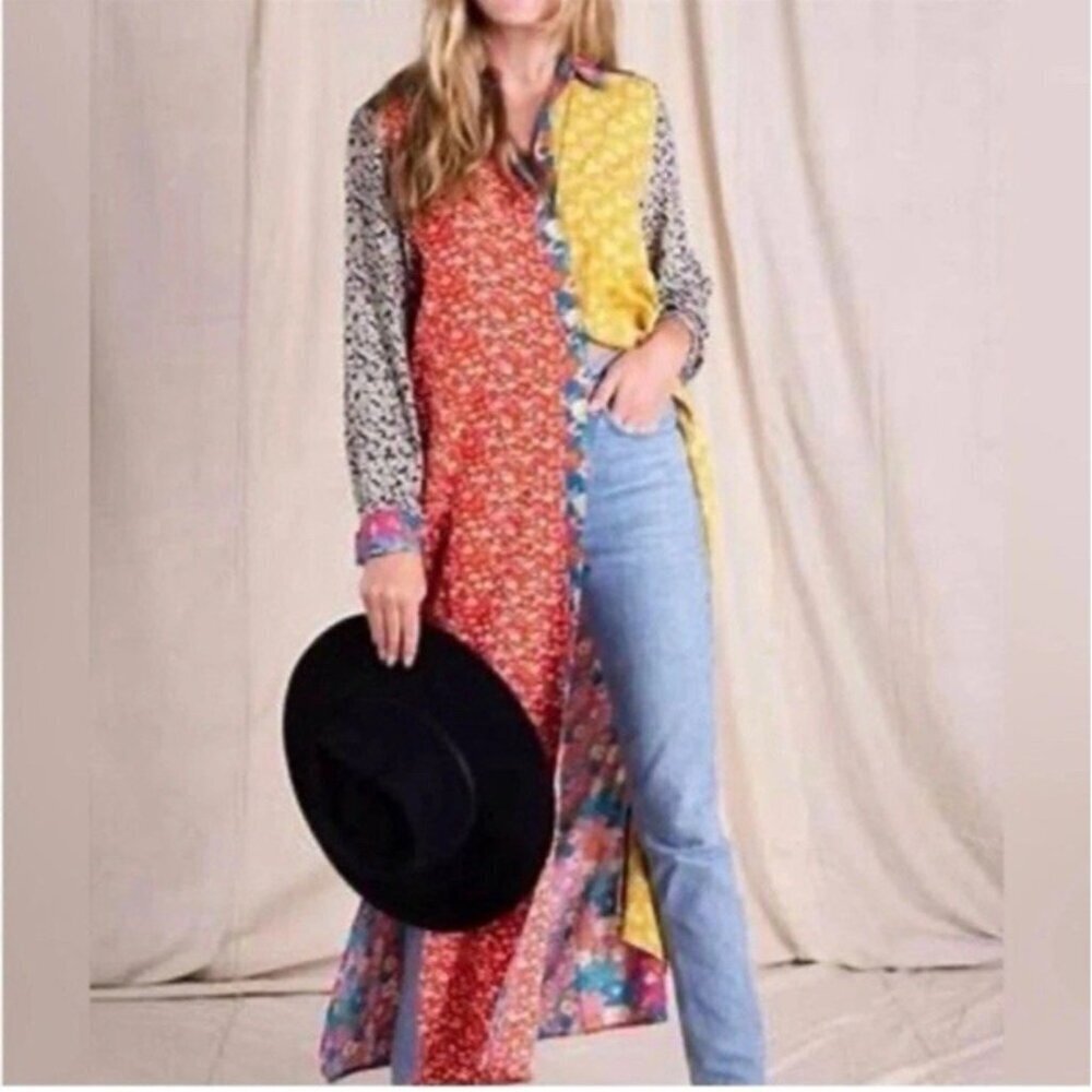 Natural Life Esme Patchwork Mixed Print Floral Maxi Shirt Dress Boho Artsy Sz M